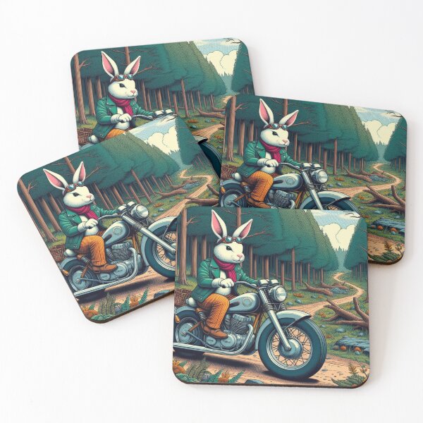Item preview, a rabbit riding a motorcycle in the forest designed and sold by Dogandesighn.