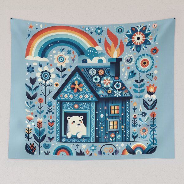 Item preview, Curious Polar Bear in Cozy Blue Cottage - Scandinavian Folk Art by heidiannemorris © designed and sold by FOLK ART FUSION by heidiannemorris.