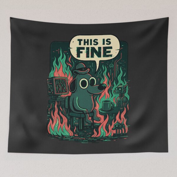 Item preview, This Is Fine Glitch Cyberpunk Dog — Futuristic Tech Meltdown, Digital Burnout Meme, Sci-Fi Stress designed and sold by GirlyPopped.
