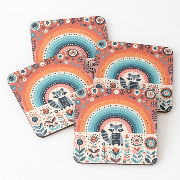 Item preview, Joyful Raccoon Under Arching Rainbow - Scandinavian Folk Art by heidiannemorris © designed and sold by FOLK ART FUSION by heidiannemorris.