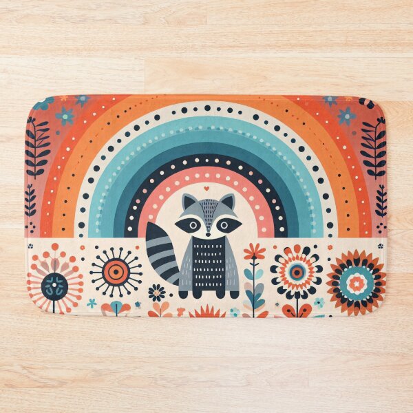 Item preview, Joyful Raccoon Under Arching Rainbow - Scandinavian Folk Art by heidiannemorris © designed and sold by FOLK ART FUSION by heidiannemorris.