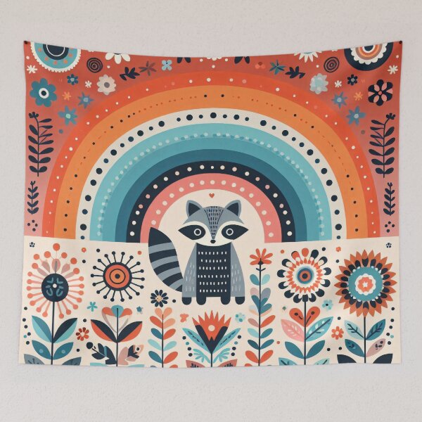 Item preview, Joyful Raccoon Under Arching Rainbow - Scandinavian Folk Art by heidiannemorris © designed and sold by FOLK ART FUSION by heidiannemorris.