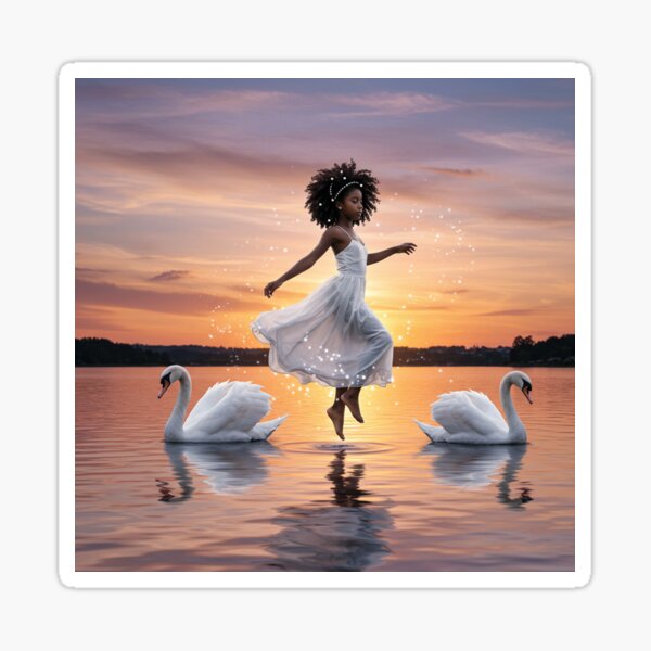 Item preview, Elegant Black Girl Floating with Swans Over a Magical Lake designed and sold by Afrobood.