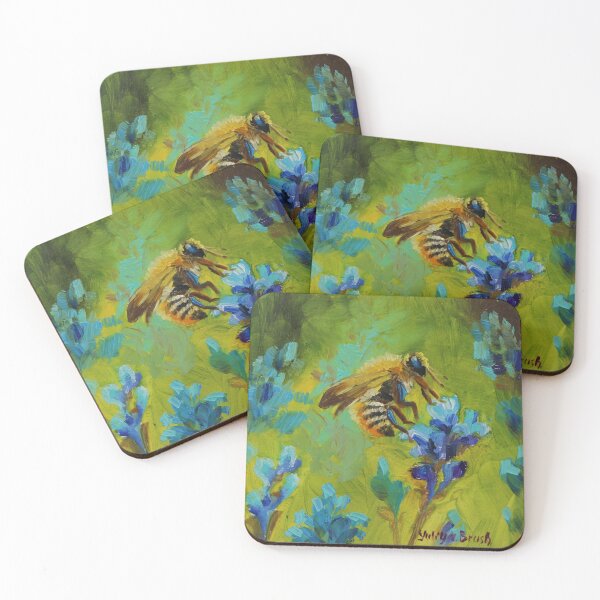 Item preview, Honeybee on Blue Wildflowers – Miniature Oil Painting designed and sold by Yuliya Brush.