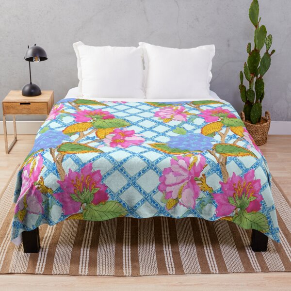 Item preview, Chinoiserie climbing flowers on lattice designed and sold by SophieClimaArt.