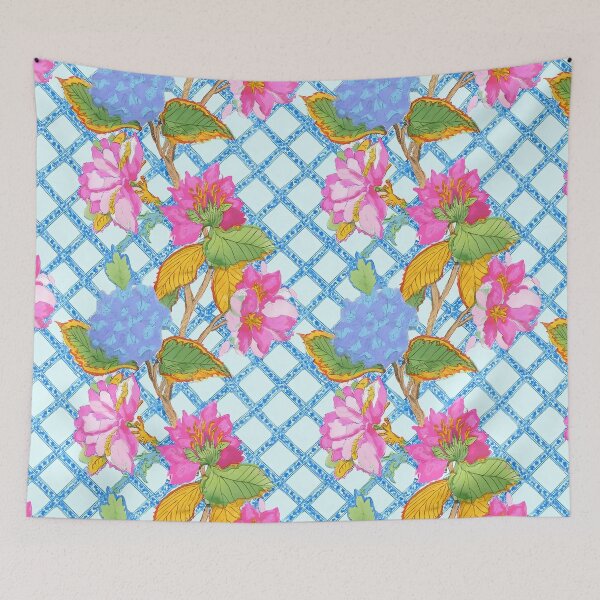 Item preview, Chinoiserie climbing flowers on lattice designed and sold by SophieClimaArt.
