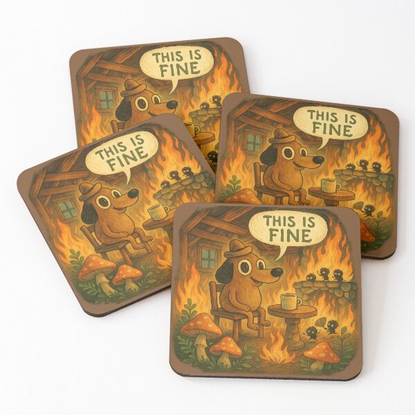 Item preview, This Is Fine Cozy Cabin — Dog in Fireplace Flames, Soot Sprites, Mushrooms, Cute Meme designed and sold by GirlyPopped.