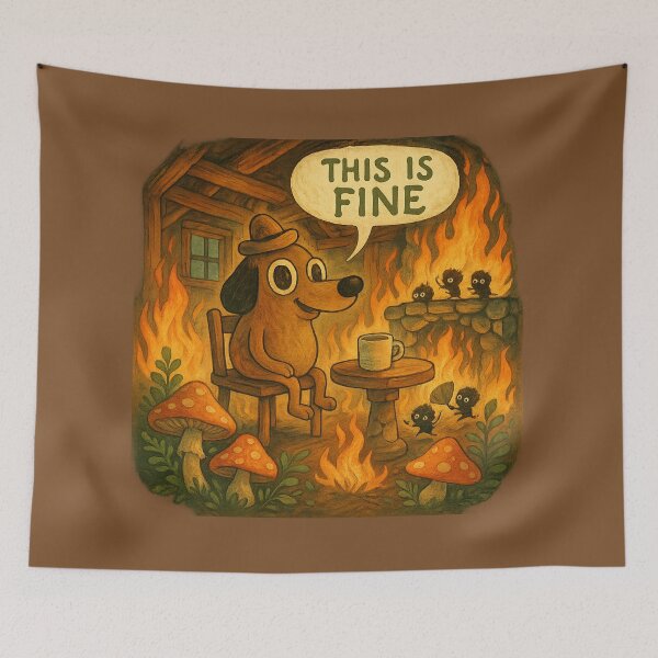 Item preview, This Is Fine Cozy Cabin — Dog in Fireplace Flames, Soot Sprites, Mushrooms, Cute Meme designed and sold by GirlyPopped.