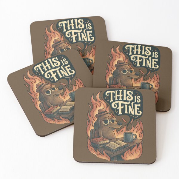 Item preview, This Is Fine - Skeptical Dog Surrounded by Flames with Books and Coffee designed and sold by GirlyPopped.