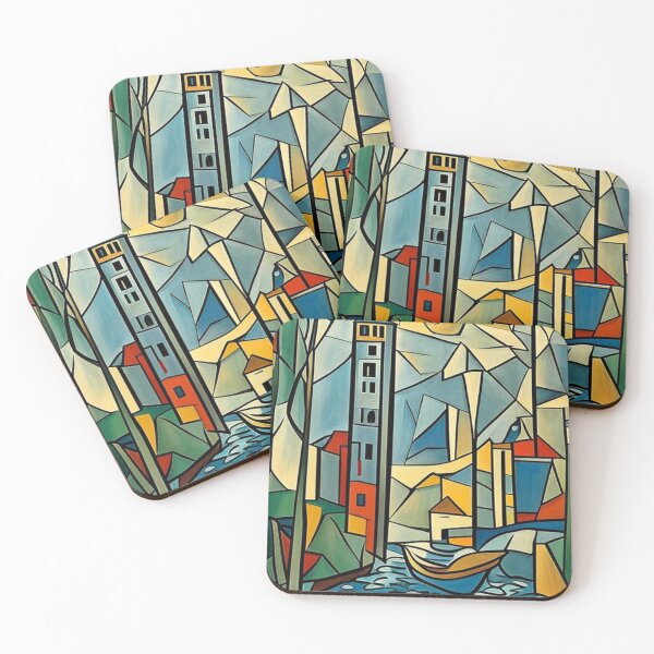 Item preview, Cubist Harbor Scene with Sailboat - Abstract Coastal Art designed and sold by PolyVision Siam Studio.