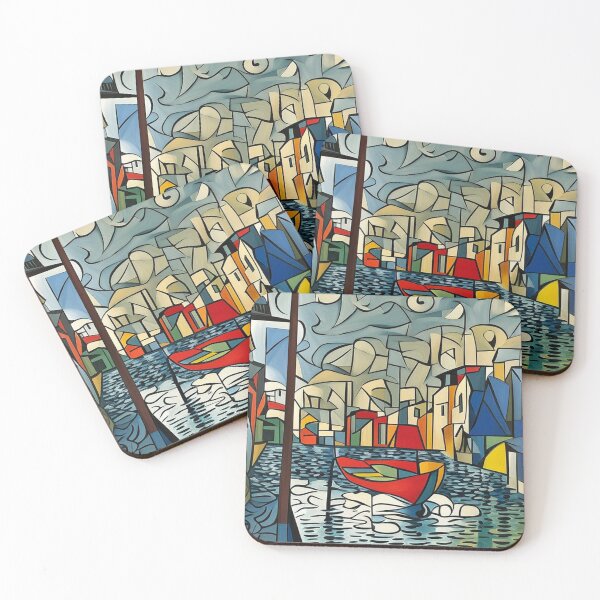 Item preview, Cubist Canal Scene with Red Boat - Abstract Waterway Art designed and sold by PolyVision Siam Studio.