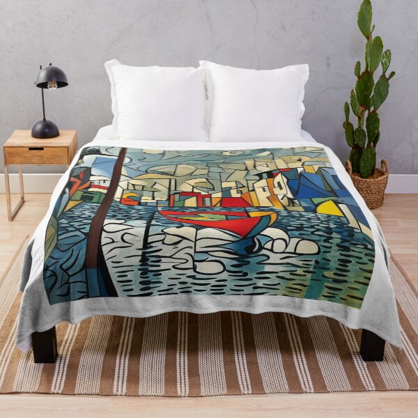 Item preview, Cubist Canal Scene with Red Boat - Abstract Waterway Art designed and sold by PolyVision Siam Studio.