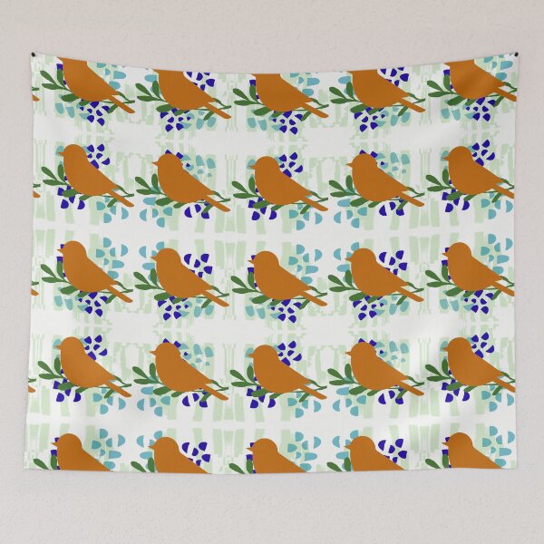 Aperçu de l'œuvre Motif d'art populaire rétro avec des oiseaux orange rustiques sur des branches feuillues créée et vendue par Code4Designs.