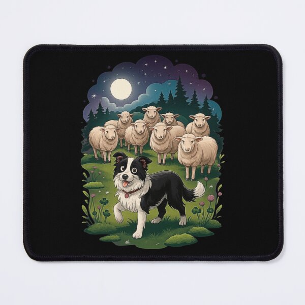 Item preview, Border Collie Herding Sheep Under the Night Sky – Cute Farm Animal Scene Illustration designed and sold by love3617.