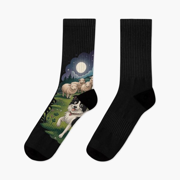 Item preview, Border Collie Herding Sheep Under the Night Sky – Cute Farm Animal Scene Illustration designed and sold by love3617.