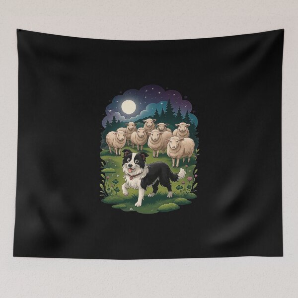 Item preview, Border Collie Herding Sheep Under the Night Sky – Cute Farm Animal Scene Illustration designed and sold by love3617.