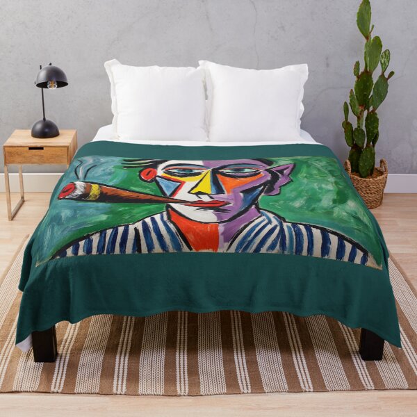 Item preview, Bold Abstract Portrait with Striped Shirt and Cigar in Vibrant Geometric Shapes - Dynamic Green and Blue Background designed and sold by OlfactoART Studio.