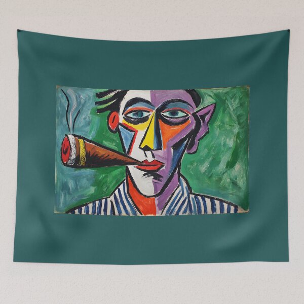 Item preview, Bold Abstract Portrait with Striped Shirt and Cigar in Vibrant Geometric Shapes - Dynamic Green and Blue Background designed and sold by OlfactoART Studio.