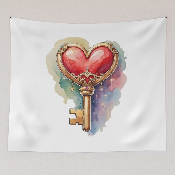 Item preview, Golden heart-shaped key with decorative gems against a colorful abstract background highlighting love and romance designed and sold by Ms. Iryna.