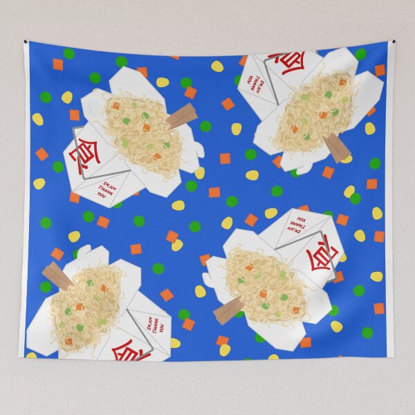 Item preview, Chinese Food Takeout LoMein Noodles Carrots Peas Vegetables Chopsticks On Blue designed and sold by MBeesShop.