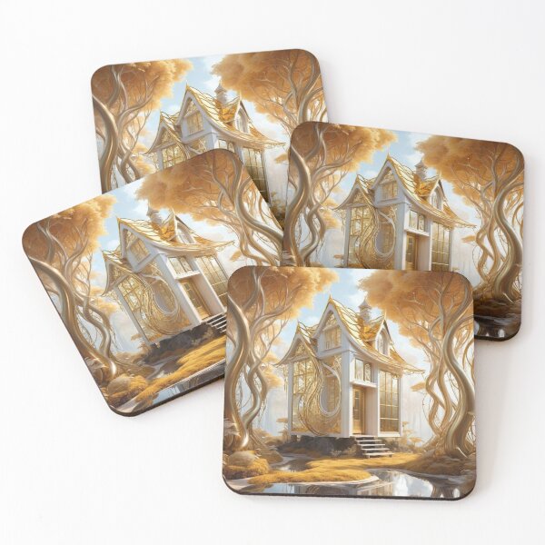 Item preview, Gold And White House Of Art With Twisting Trees Beside River designed and sold by Melantari Vizuns.