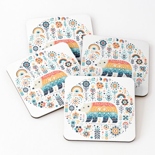 Item preview, Rainbow Polar Bear in Folk Flower Circle - Scandinavian Folk Art by heidiannemorris © designed and sold by FOLK ART FUSION by heidiannemorris.
