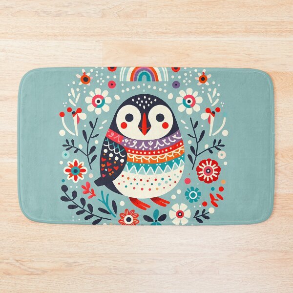 Item preview, Charming Penguin in Folk Flower Circle - Scandinavian Folk Art by heidiannemorris © designed and sold by FOLK ART FUSION by heidiannemorris.
