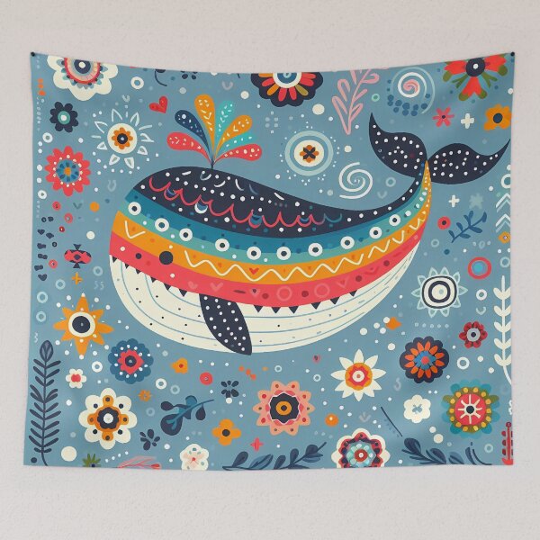 Artikelvorschau, Wunderlicher Blauwal im Folk Flower Waters - Skandinavische Volkskunst von heidiannemorris © entworfen und verkauft von FOLK ART FUSION by heidiannemorris.