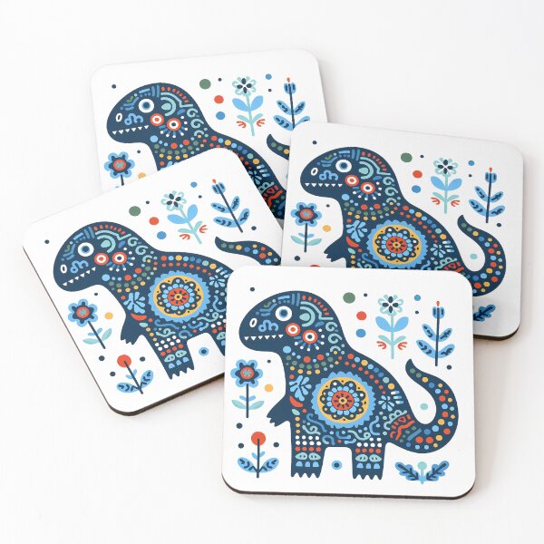 Item preview, Un extravagante T-Rex entre flores populares - Arte popular escandinavo de heidiannemorris © designed and sold by FOLK ART FUSION by heidiannemorris.