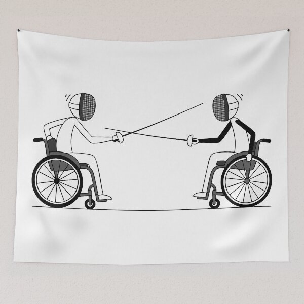Item preview, Two fencers in wheelchairs facing each other in an Olympic fencing competition designed and sold by AFernandesDSG.
