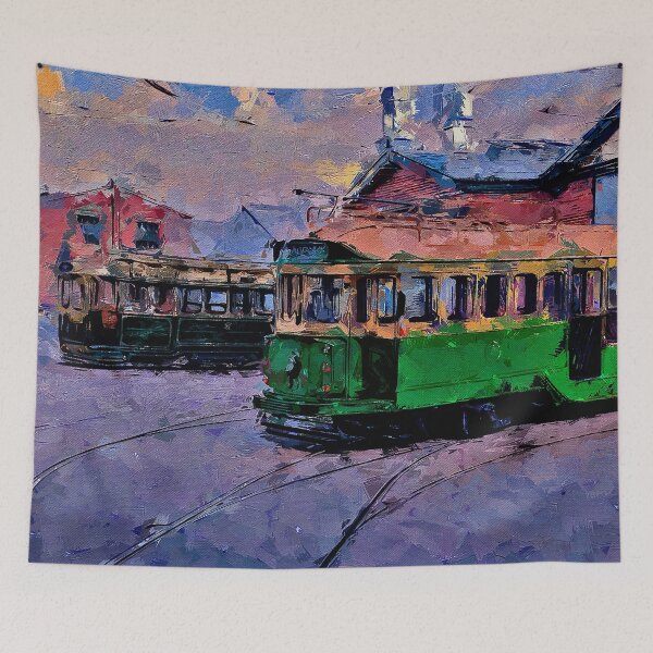 Item preview, Impressionist Painting of Trams at the Depot - Bendigo, Victoria, Australia designed and sold by Steven Jodoin.