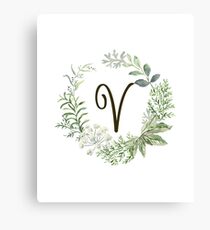 Monogram V Forest Flowers And Leaves Canvas Print