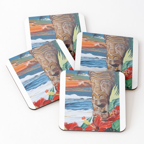 Item preview, Tiki at Sunset hibiscus ocean waves acrylic painting designed and sold by ArtByAMReisig.