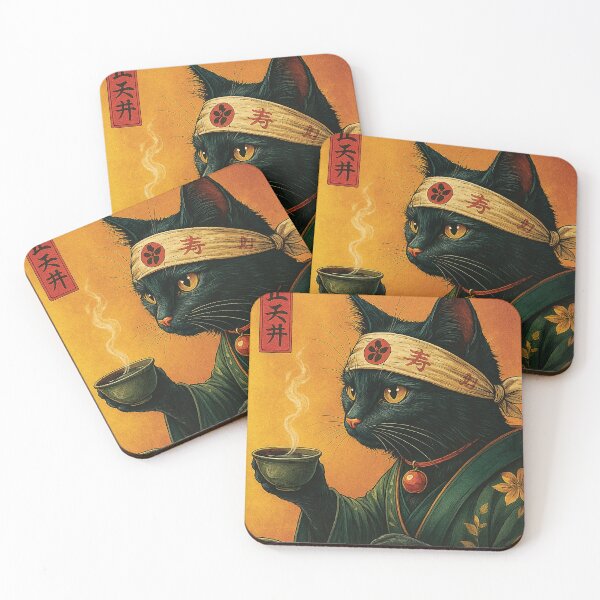 Item preview, Samurai Tea Cat – Japanese Black Cat Warrior Art Print designed and sold by Gold Turtle  Lina.