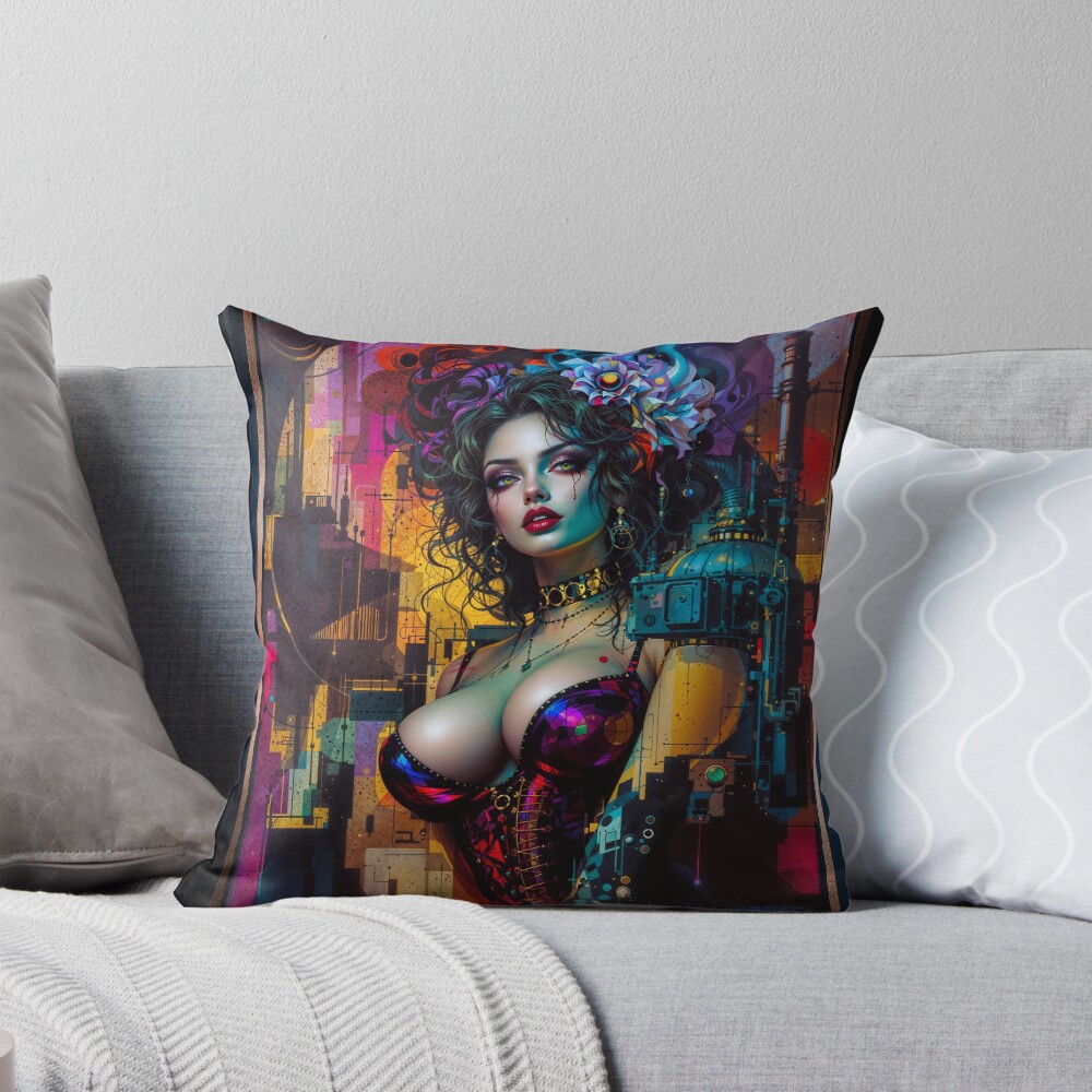 Industrial Abstract Portrait Of Lyris Thoria Captivating AI Concept Art by Xzendor7 Decorative Art Print Throw Pillow