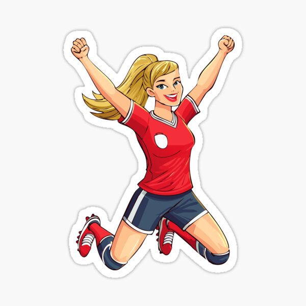 Item preview, Soccer player woman celebrating after scoring goal, soccer stadium victory, footballer player jubilant athlete celebrates a winning goal with triumphant raised arms and joyful spirit designed and sold by Danler.