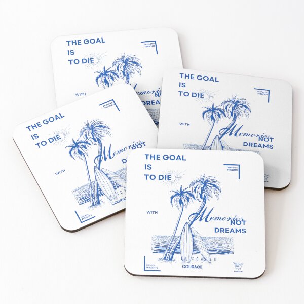 Aperçu de l'œuvre PALMIERS D'ÉTÉ, PLAGE ET PLANCHE DE SURF, DESIGN BLEU VINTAGE - LE BUT EST DE MOURIR AVEC DES SOUVENIRS, PAS DES RÊVES créée et vendue par deeplistic.