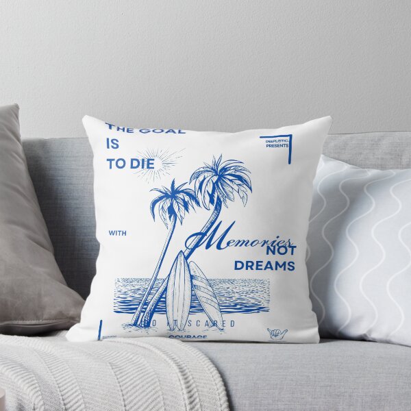 Aperçu de l'œuvre PALMIERS D'ÉTÉ, PLAGE ET PLANCHE DE SURF, DESIGN BLEU VINTAGE - LE BUT EST DE MOURIR AVEC DES SOUVENIRS, PAS DES RÊVES créée et vendue par deeplistic.