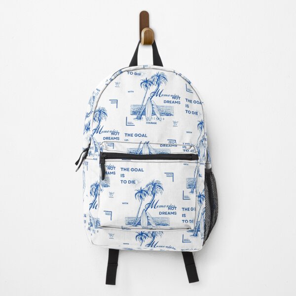 Aperçu de l'œuvre PALMIERS D'ÉTÉ, PLAGE ET PLANCHE DE SURF, DESIGN BLEU VINTAGE - LE BUT EST DE MOURIR AVEC DES SOUVENIRS, PAS DES RÊVES créée et vendue par deeplistic.