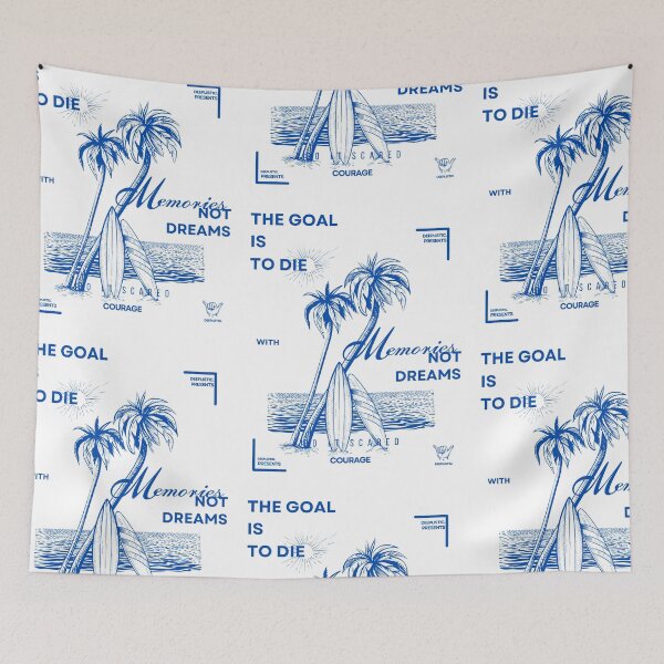Aperçu de l'œuvre PALMIERS D'ÉTÉ, PLAGE ET PLANCHE DE SURF, DESIGN BLEU VINTAGE - LE BUT EST DE MOURIR AVEC DES SOUVENIRS, PAS DES RÊVES créée et vendue par deeplistic.