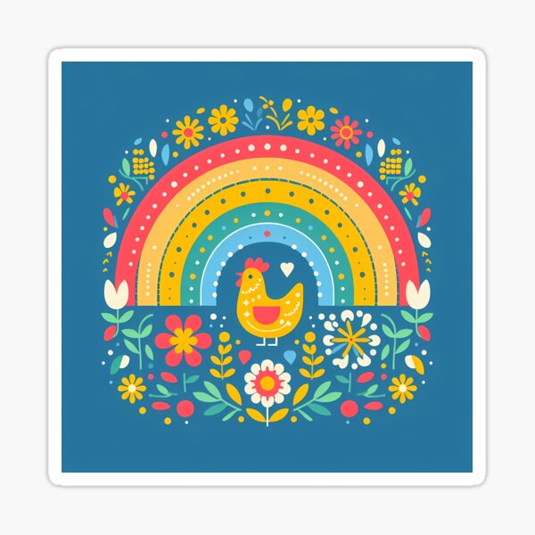 Item preview, Cheerful Chicken Under Rainbow Arch - Scandinavian Folk Art by heidiannemorris © designed and sold by FOLK ART FUSION by heidiannemorris.