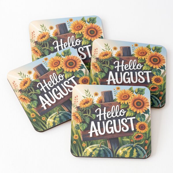 Item preview, Hello August – Rustic Wood Sign with sunflowers and watermelons designed and sold by EmeraldeaArt.