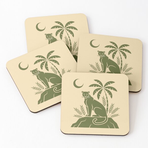 Item preview, A lone panther sitting calmly on a rocky ledge or hilltop under a crescent moon and stylized tropical leaves  designed and sold by 123ks.