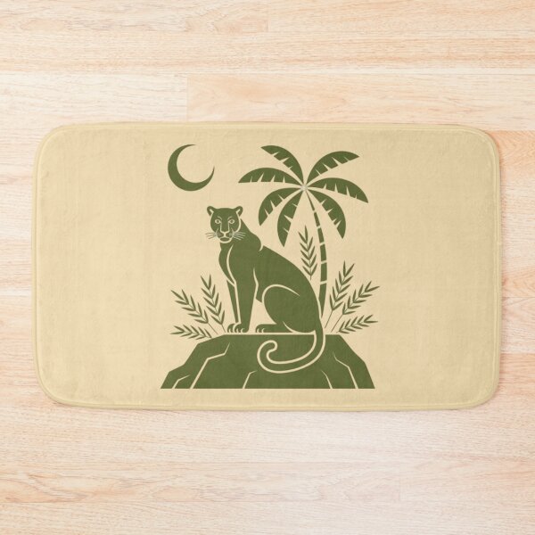 Item preview, A lone panther sitting calmly on a rocky ledge or hilltop under a crescent moon and stylized tropical leaves  designed and sold by 123ks.