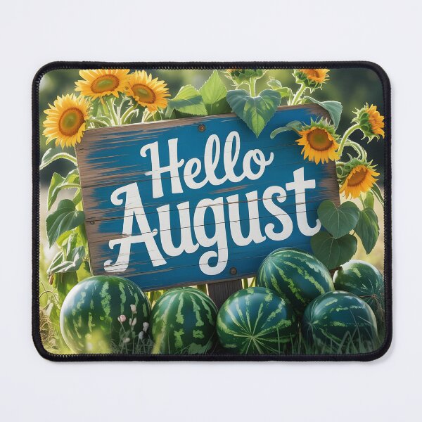 Item preview, Hello August Sign – Rustic Photo with Sunflowers Watermelons designed and sold by EmeraldeaArt.