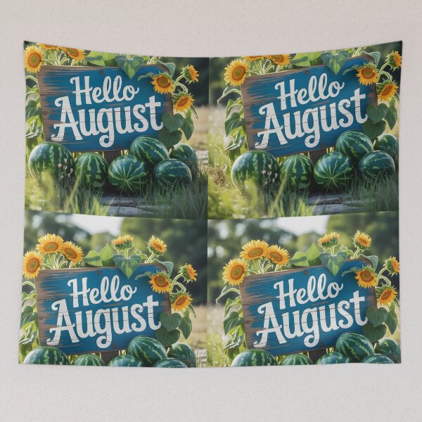 Item preview, Hello August Sign – Rustic Photo with Sunflowers Watermelons designed and sold by EmeraldeaArt.