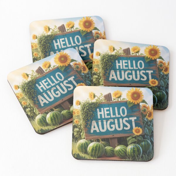 Item preview, Hello August – Wooden Sign with Overgrown Sunflowers Ripe Watermelon Harvest designed and sold by EmeraldeaArt.