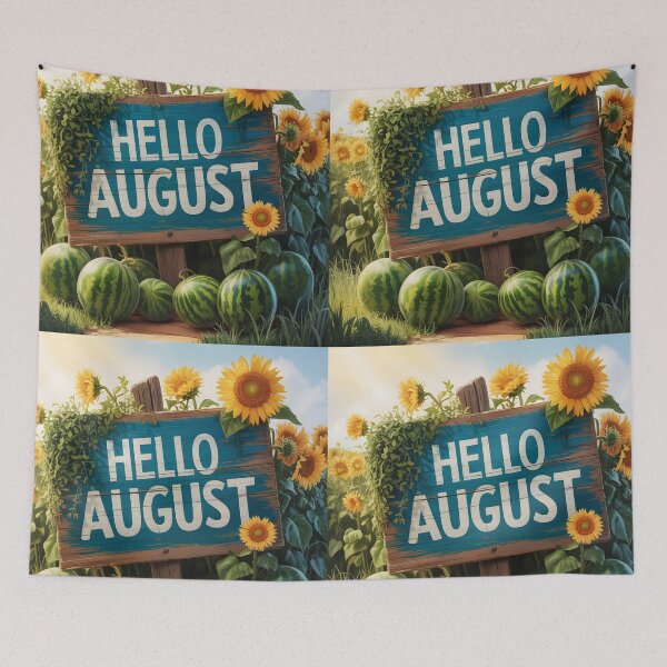 Item preview, Hello August – Wooden Sign with Overgrown Sunflowers Ripe Watermelon Harvest designed and sold by EmeraldeaArt.