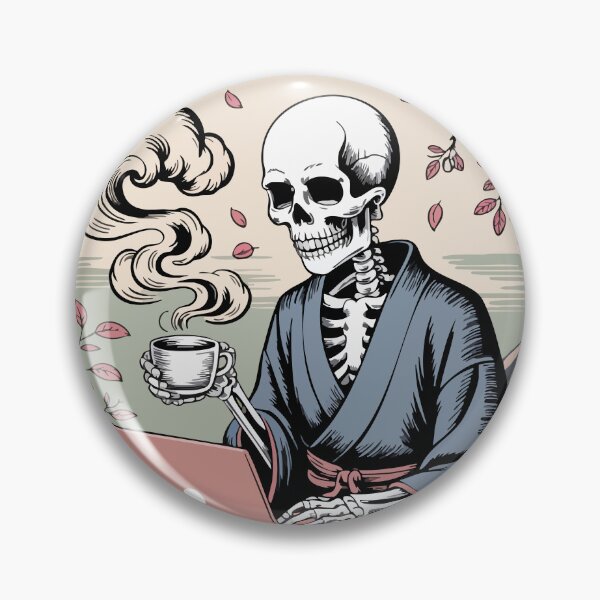 Item preview, Dead Inside But Caffeinated Skeleton in Kimono with Laptop and Coffee designed and sold by GoodGirlAlex.