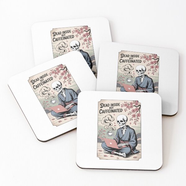 Item preview, Dead Inside But Caffeinated Skeleton in Kimono with Laptop and Coffee designed and sold by GoodGirlAlex.